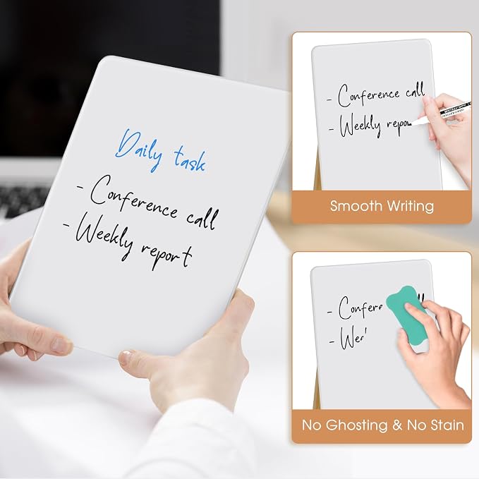Desktop Glass Dry Erase Board, 11" x 8.2", Adjustable Wood Stand, Reusable | Small Glass Whiteboard, Desk Notepad for Home Office
