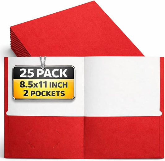 1InTheOffice Pocket Portfolio, Embossed Pocket Paper Folder, 11 x 8.5, Red, 25 Pack
