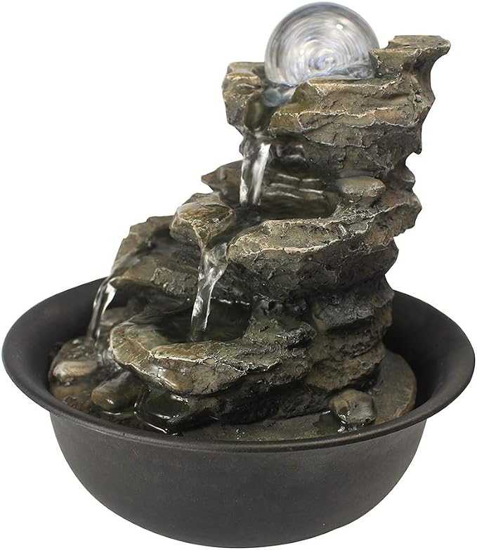8.3” High Tabletop Water Fountain with Rotating Crystal Ball and LED Light, Indoor Zen Waterfall Decor for Home Office Bedroom Meditation Relaxation