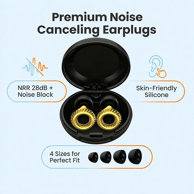 Ear Plugs for Noise Reduction – Reusable Silicone Earplugs with Filter Technology for Sleeping, Travel, Focus, Concerts & Motorcycling Ear Plug +8Tip (Round Golden)