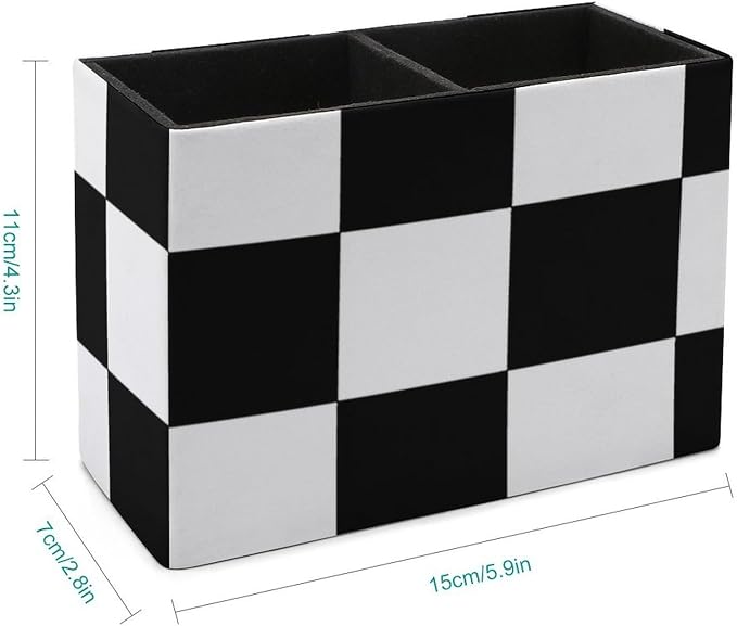 Black And White Grid PU Leather Pen Holder Desk Organizer, 2-Compartment Pencil Container for Office, Home, Vanity Use