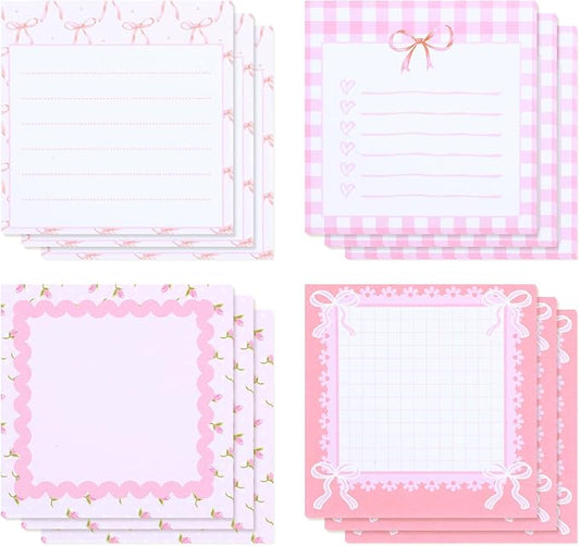 12 Pcs Coquette Bow Sticky Notes, 3x3 Inch Pink Note Pads Set | pink ribbon bow sticky notes. Self-stick adhesive pads perfect for school, office, journaling, and daily planning