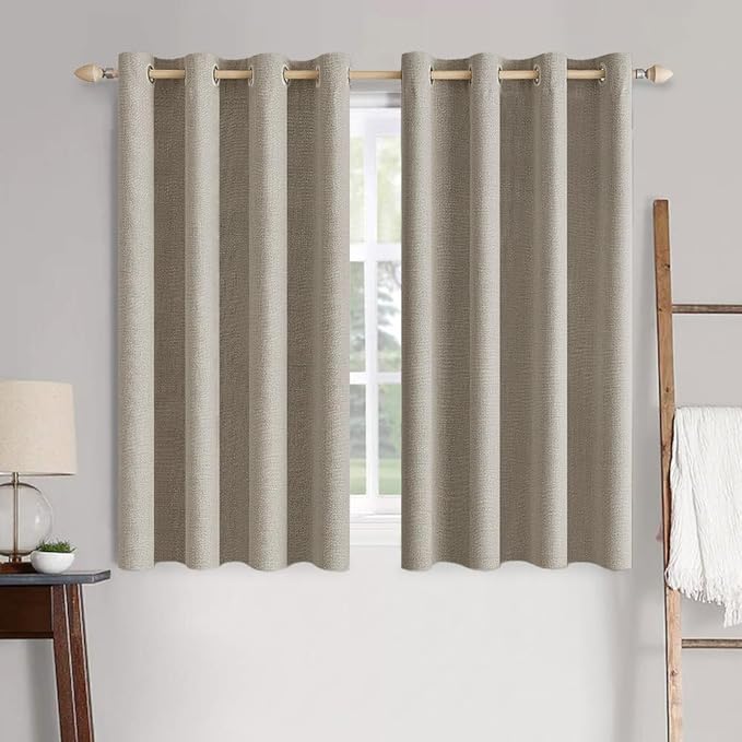 MIULEE 100% Blackout Linen Textured Curtains for Bedroom Solid Thermal Insulated Pebble Taupe Grommet Room Darkening Curtains & Drapes Luxury Decor for Living Room 52 x 45 Inch (2 Panels)
