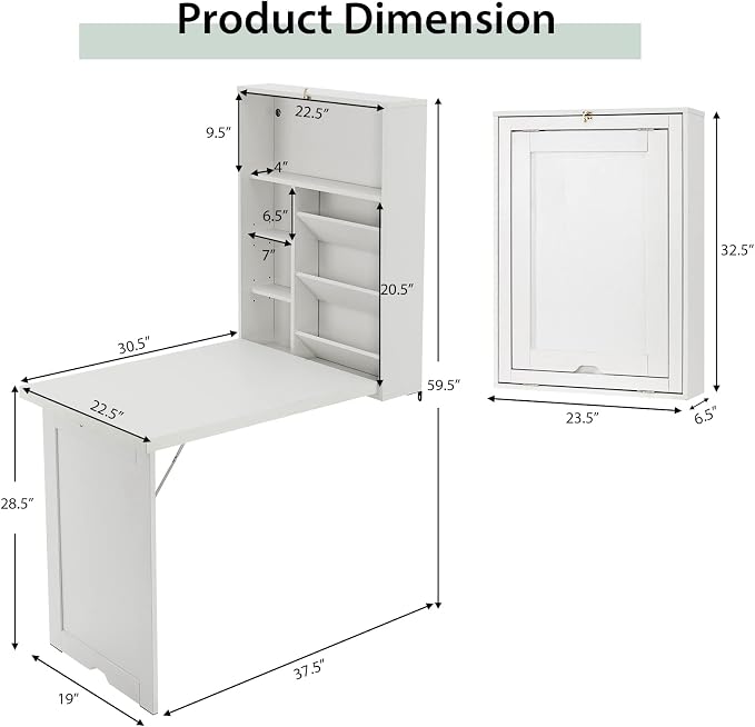 Wall Mounted Desk, Wood Collapsible Floating Desk, Convertible Computer Desk with Storage Area, Hanging Fold Out Table for Home Office, Small Spaces (White)