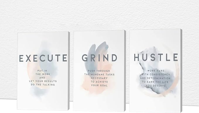 Office Wall Art - 3 Panel Motivational Wall Art, Inspirational Quotes Canvas Art for Home Office Wall Decor, Positive Quotes Wall Decor, Entrepreneur Grind Hustle Execution Poster Frame (16”x24”x3Pcs)