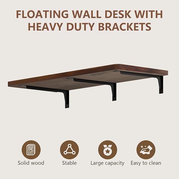 Floating Wall Mounted Table Desk with Pine Wood,72" x 22" Workbench for Garage,Home Office Desks with Heavy Duty Brackets,Work Table for Kitchen,Dining,Laundry (60 * 22 * 6.8 Inch)