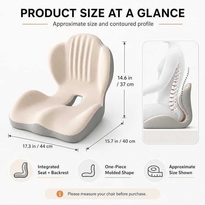Saker Ergonomic Memory Foam Seat Cushion with Back Support, 2-in-1 Coccyx Cutout Chair Pad for Office, Car, Gaming Chair and Wheelchair, Contoured Lumbar Support for Long Sitting (Beige)