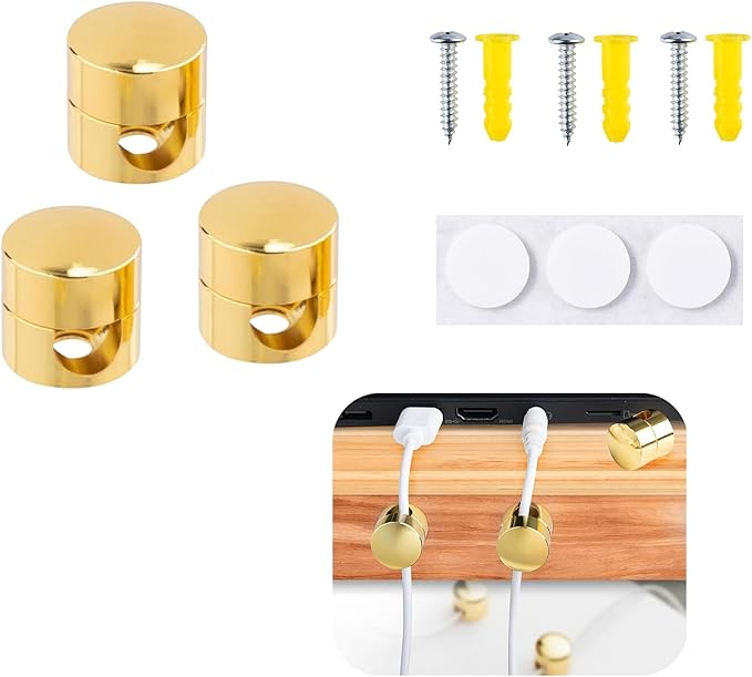 3 Sets Charger Cord Holder, Gold Metal Adhesive Cable Management Clips,Adjustable Cable Anchor Holders,Wire Organizer for Desk, Wall Hook, Home, Office,Bedside Table