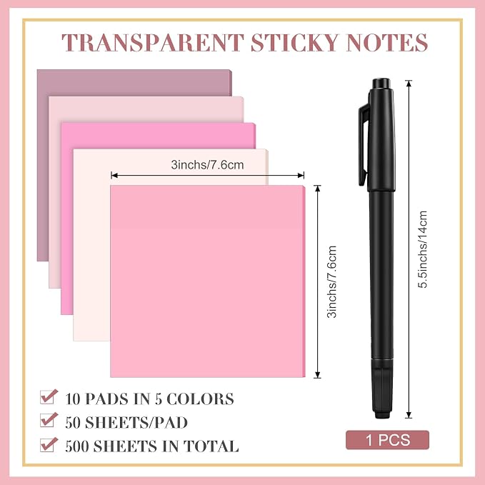 Marspark 500 Sheets Transparent Sticky Notes with Marker, 3x3 Inch See Through Sticky Notes, Self-Adhesive Translucent Clear Note Pads for Bible Journaling Memo Office School Supplies(Pink)
