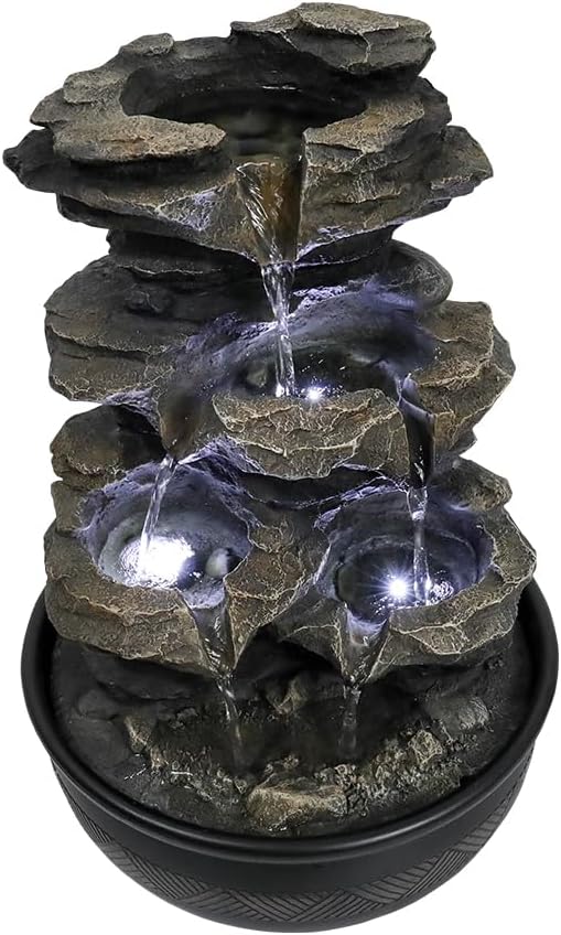 15.7" High Rock Cascading Tabletop Fountain, Zen Meditation Indoor Waterfall Feature with LED Light for Home Office Bedroom Relaxation