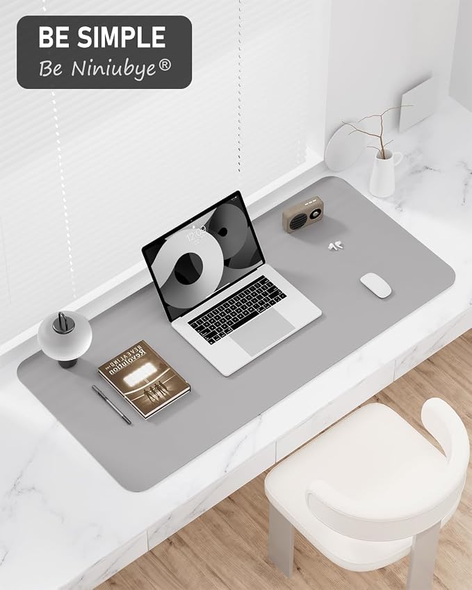 Desk Pad, 35.5" x 17" PU Leather Non-Slip Desk Mat Large Mouse Pad for Desktop, Waterproof Laptop Computer Writing Mat for Office, Home, Work, Gaming, Silver