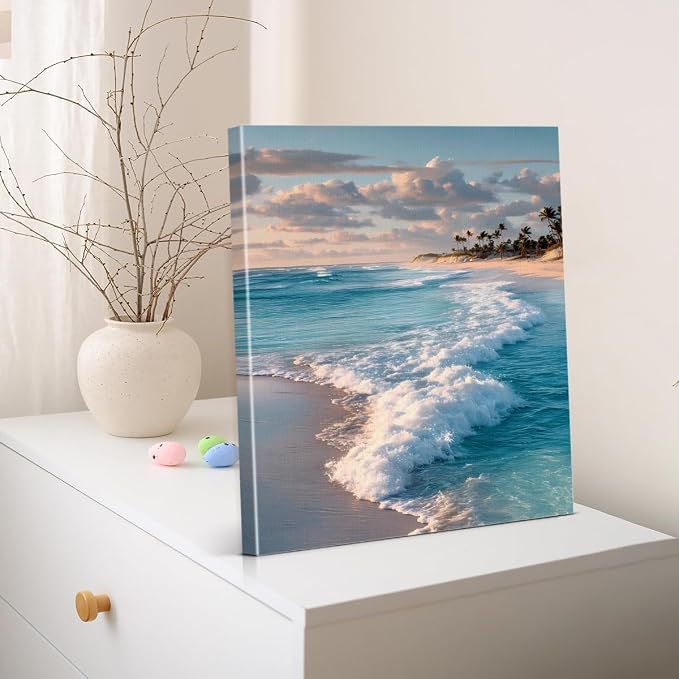 Coastal Ocean Wave Wall Art Decor Seascape Beach Painting Picture Artwork Blue Ocean Aesthetic Wall Decor for Home Beach Room Bedroom 11x15 Canvas Framed