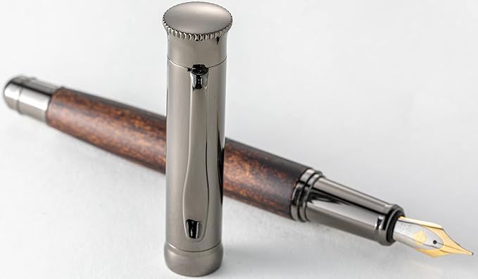 Executive Classic Style Fountain pen - Gun Grey Polished metal with Artisanal Wood - Includes Converter Piston and 6 Ink Cartridges (Walnut)