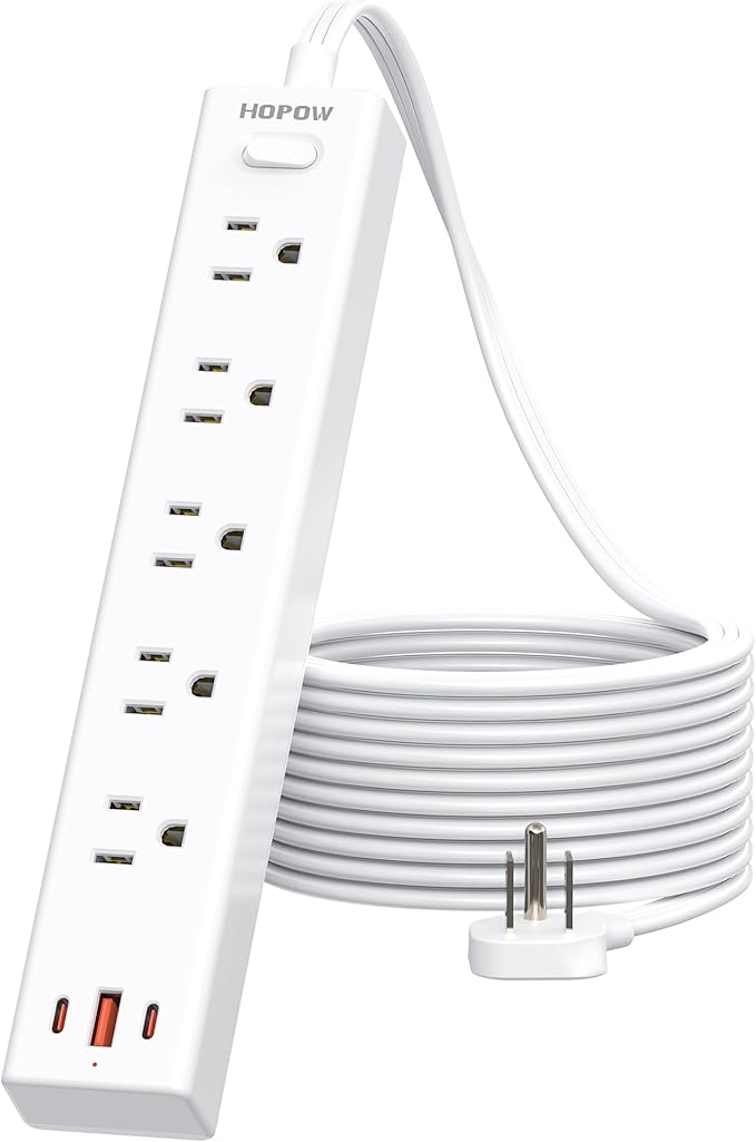 HOPOW Flat Plug Power Strip, 10 Ft Ultra Thin Flat Extension Cord, Surge Protector with 5 Outlets & 3 USB Ports (2 USB C), 1700 Joules, Wall Mount, Desktop Charging Station for Home Office Dorm, White