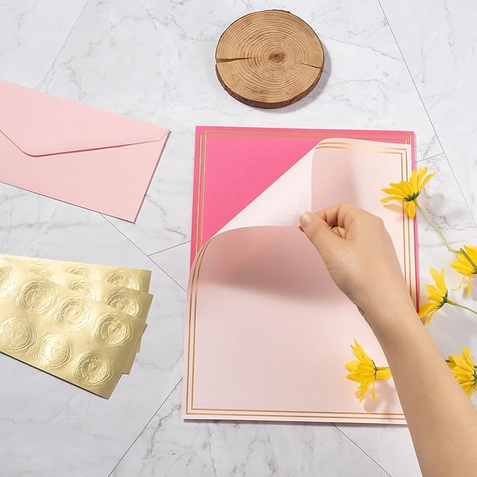 50 Pack Colored Stationery Set, 5 Colors #10 Business Envelopes, 50 Sheets 8.5x11 Paper Sheet and Gold Stickers for Office, Letters, Invitations (Pink)