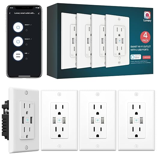 Lumary Smart Outlet with USB Ports, 110V 15 Amp WiFi USB Outlet Works with Alexa Google Home, APP & Voice Control, ETL FCC Certified, Timer, Tamper-Resistant, 4Pack