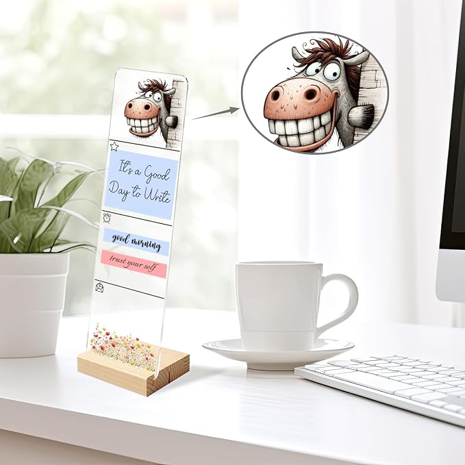 Sticky Note Holder, Monitor Memo Board, Acrylic Post It Note Holder with Wooden Base, Includes 200 Notes, Desk Organizer for Office, Cute Donkey Design