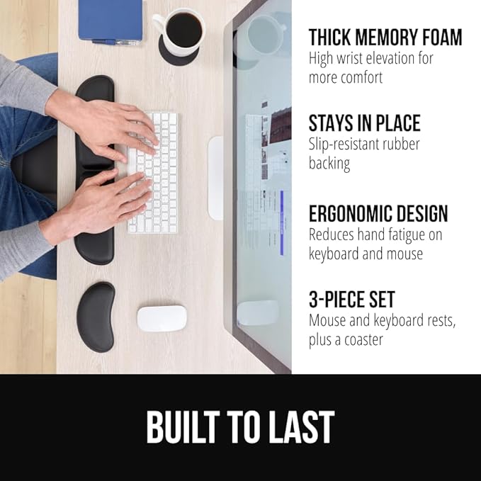 GORILLA GRIP Silky Memory Foam Keyboard Wrist Rest for Computer and Mouse, Ergonomic Typing Support Pad, Desk Office Supplies, Gaming Accessories, Hand & Arm Mousepad Cushion and Coaster Set, Black