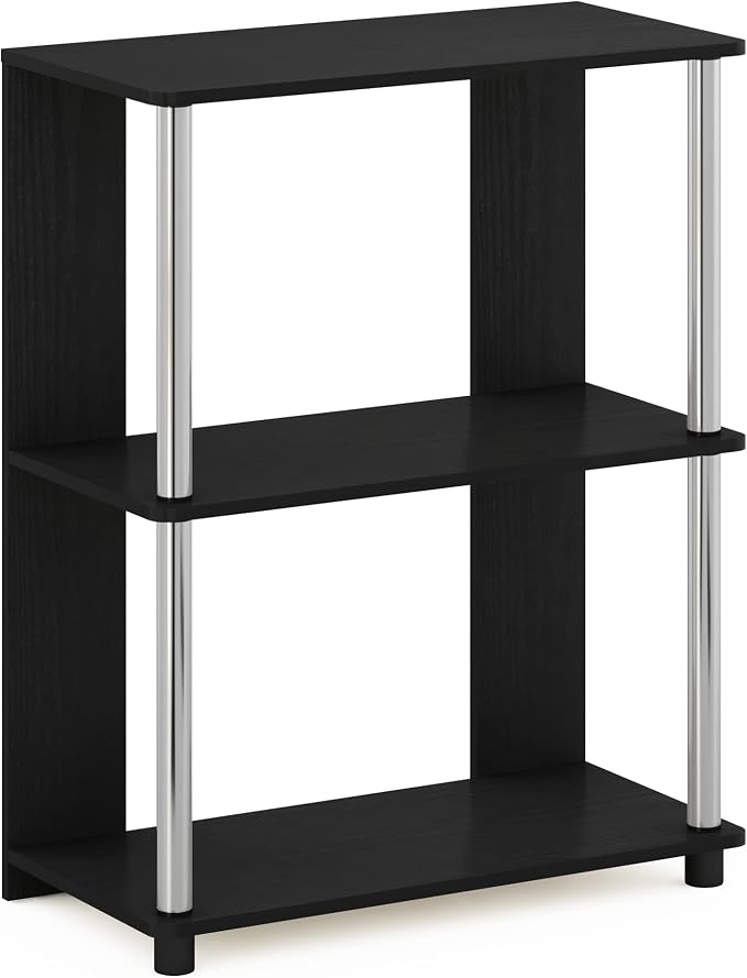 Furinno Jaya Simple Design 3-Tier Bookcase/Bookshelf/Display Rack with Stainless Steel Tubes, Americano | 11.6 x 23.6 x 30, Storage Shelves, Shelving Unit, for Organization and Storage, Living Room, Garage, Home Office