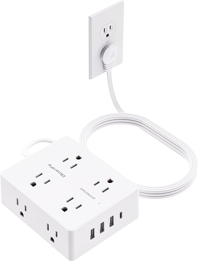 Olcorife Flat Plug Power Strip with 15 FT Extension Cord, 8 Outlets 4 USB Ports(1 USB C), 3 Sided Outlet Extender for Home Office Travel Dorm Room Essentials, White
