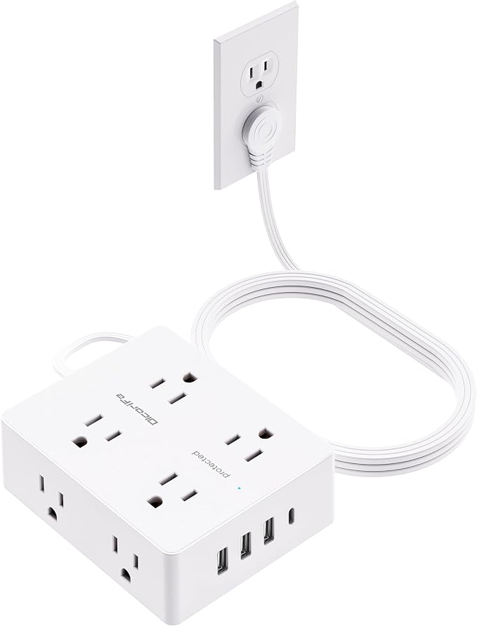 Olcorife Flat Plug Power Strip with 10 FT Extension Cord, 8 Outlets 4 USB Ports(1 USB C), 3 Sided Outlet Extender for Home Office Travel Dorm Room Essentials, White