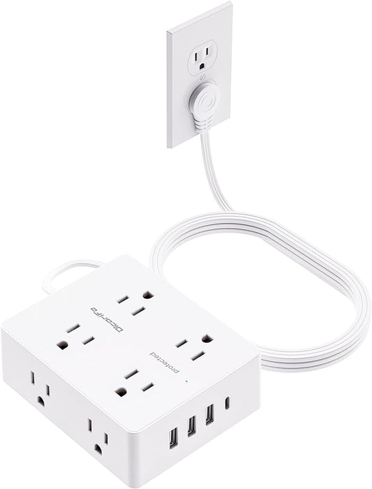 Olcorife Flat Plug Power Strip with 5 FT Extension Cord, 8 Outlets 4 USB Ports(1 USB C), 3 Sided Outlet Extender for Home Office Travel Dorm Room Essentials, White