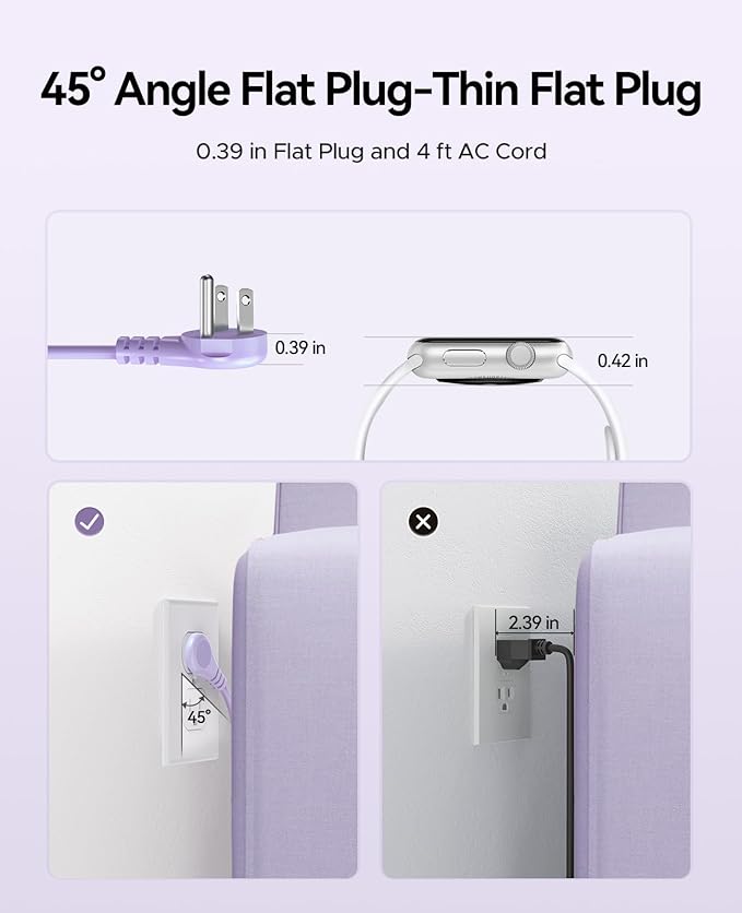 ORICO 4FT Purple Cruise Approved Travel Power Strip with 4 AC Outlets, 2 USB-A Ports, and 1 USB-C Port, 45° Flat Plug Extension Cord with Non Surge Protector for Travel/Dorm/Office ETL Listed -AP3