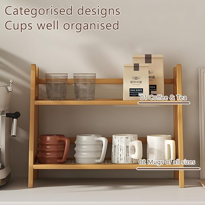Hggzeg Wicker-Look Coffee Station Organizer, Double Layer Desk Organizers, Bamboo Home Coffee Mug Display Rack, Countertop Shelf, for Dormitory, Kitchen, Office (Original Wooden Color)