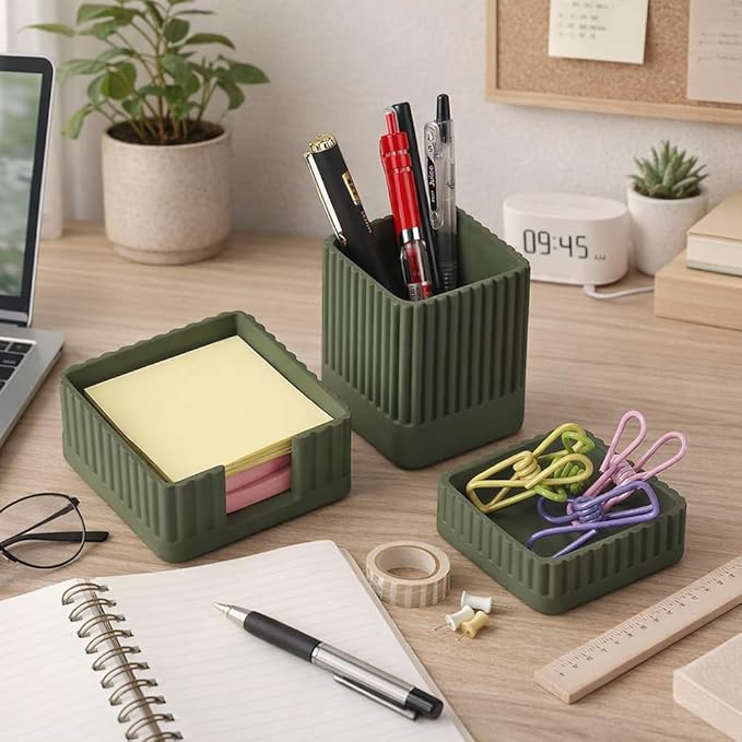 Desk Organizer Set of 3 for Office Accessories - Includes Pen Holder, Paperclip Storage, and Sticky Note Holder - Aesthetic Concrete Desktop Accessories for Women or Men, Office Decor (Green)