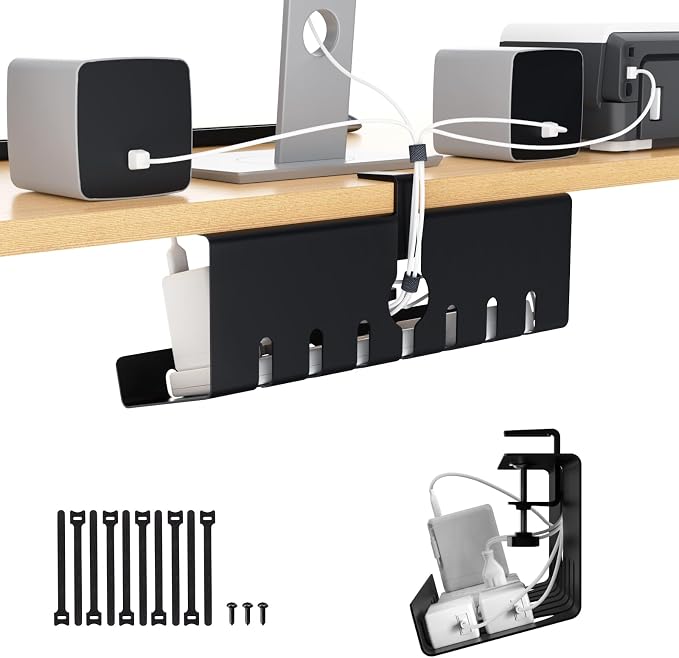 Syeeiex Under Desk Cable Management Tray, Cord Management, Black, 17inch | No-Drill C-Clamp and Screw Mount, Metal Desk Wire Organizer for Office Home Workspace, Cord Organizer with 10 Cable Ties