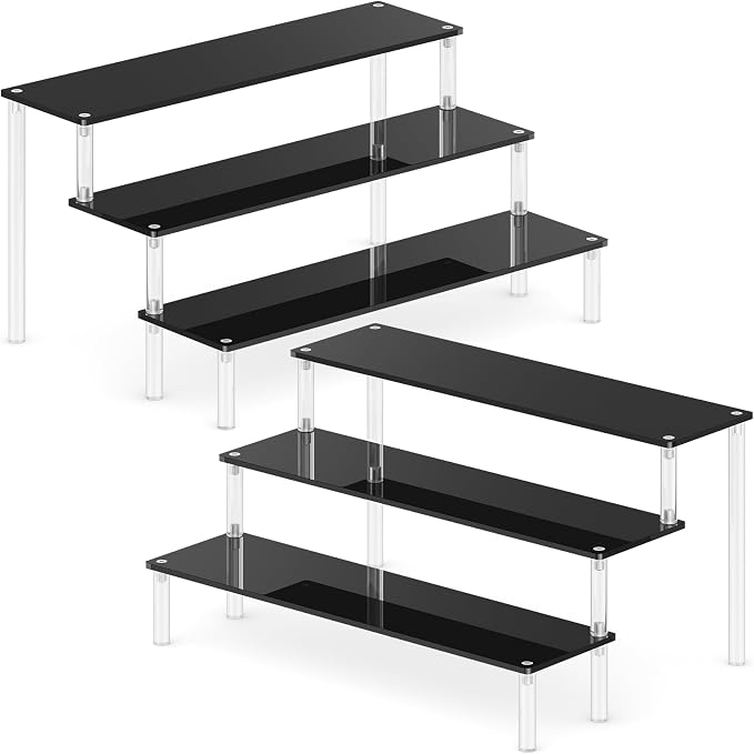 2 Packs Acrylic Display Stand Riser,3 Tier Perfume Organizer Cupcake Stand | Acrylic Pop Shelves Holder,Black Desk Display Shelf for Figure,Trinket,Collectibles,Dessert Stands for Party Decor-11.6in