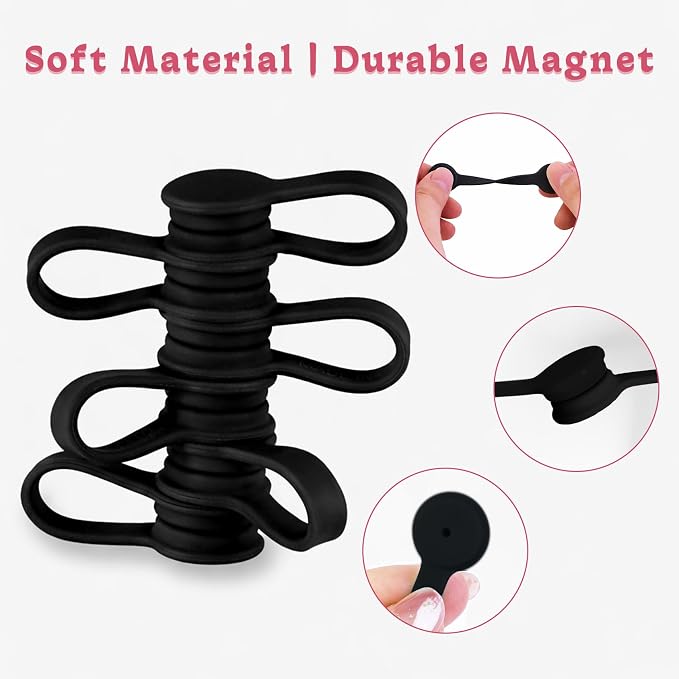 Viaky Magnetic Cable Ties 6-Pack,Silicone Cord Ties Cable Clips,Black | Magnetic Cord Organizers for Wires, USB Cables, Earphones,Reusable Twist Ties Wire Organizer for Home,Office,Kitchen,School