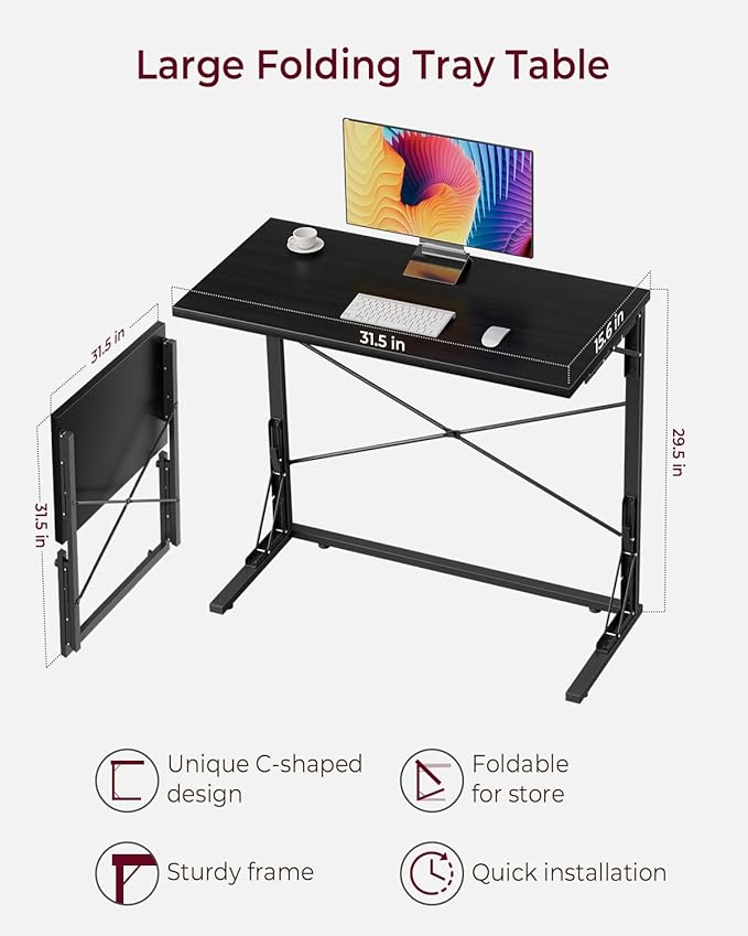 Vantic 31.5" Folding Desk, Foldable TV Tray Table for Eating on Couch, Extra Large TV Dinner Trays, Portable Fold Computer Writing Desk Table for Home Office, Black