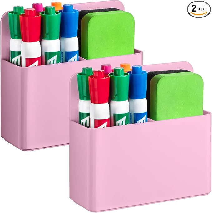 2 Pcs Magnetic Dry Erase Marker Holder for Whiteboard, Plastic Magnetic Pen Holder for Refrigerator Fridge, Magnet Pencil Cup for School Classroom, Locker Accessories, Pen Cup Organizer-Pink