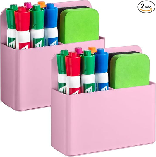 2 Pcs Magnetic Dry Erase Marker Holder for Whiteboard, Plastic Magnetic Pen Holder for Refrigerator Fridge, Magnet Pencil Cup for School Classroom, Locker Accessories, Pen Cup Organizer-Pink