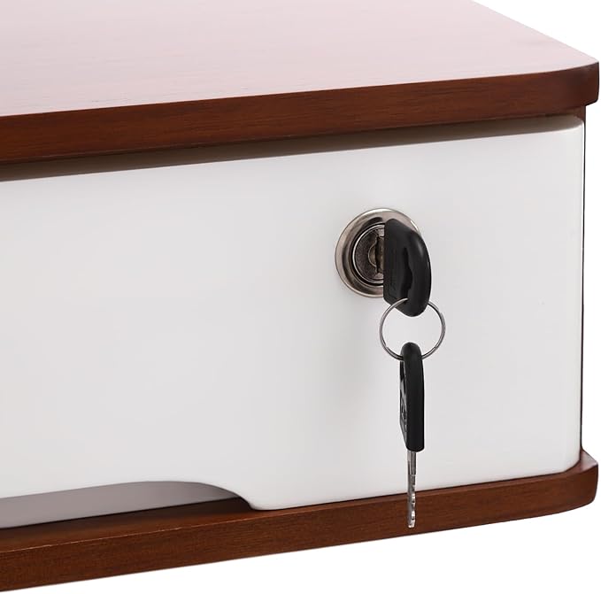Desktop Storage Box with Lockable Drawer, Office Supplies Drawer Organizer, Wooden Desk Organizer, Small Bamboo Storage Box for Desk, Modern Desktop Drawer Organizer (Walnut+White)