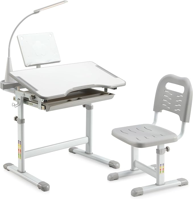 Diroan Kids Desk and Chair Set with LED Light, Height-Adjustable for Age 7+ | Ergonomic, Large 0‑45°desk, Sturdy steel frame, Storage drawer, Bookstand, Metal hook