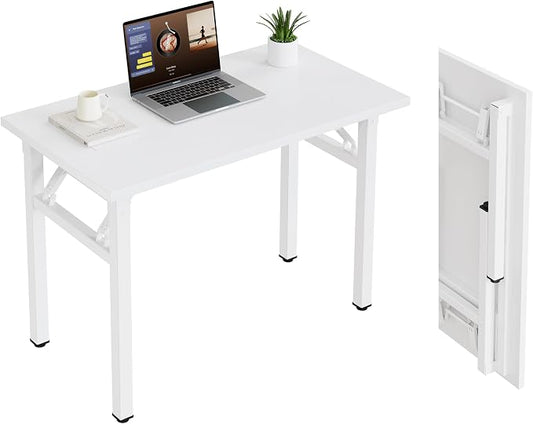 Need 35.8 Inch Folding Desk for Small Spaces, Home Office Computer Desk with Wood Top & Black Frame, Foldable Writing Table for Study, Bedroom, Dorm Room & Student, White