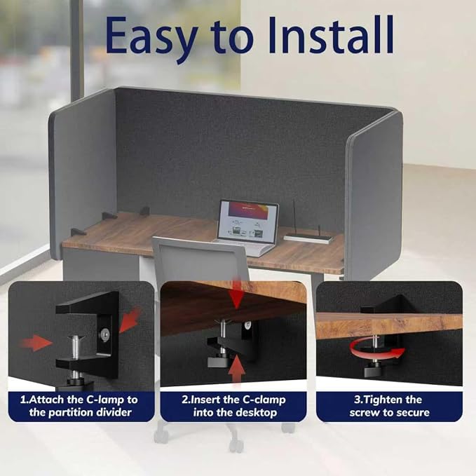Desk Privacy Panel 24 x 24 Inch,Sound Absorbing & Proof Desk Divider for Office, Clamp-on/Screw-on Acoustic Desk Back Panel Partition, Dark Gray