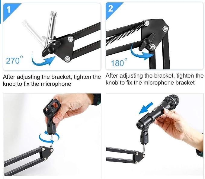 Microphone Floor Stand for Blue Yeti, Nano, Snowball, HyperX,Razer,Logitech USB and Condenser Mic,Adjustable Boom Arm Stand with 1/4'' Thread and 3/8" 5/8" Adapter, Pop Filter, Mic Clip, Cable Ties