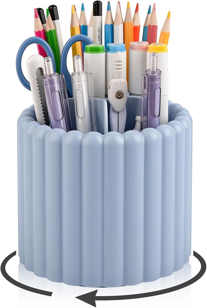 Anyoifax 360° Rotating Pen Holder for Desk Removable Pencil Organizer, Blue | 7 Slots Pen Cup Cute Office Supplies and Accessories Plastic Desktop Storage Box Art Caddy for School, Work, Home