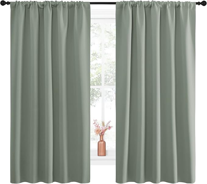 NICETOWN Window Curtains Blackout Drapes - Thermal Insulated Solid Rod Pocket Blackout Curtains/Draperies for Living Room (Greyish Green, One Pair, 52 by 63-Inch)