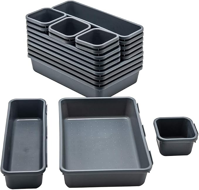Gonice 18 PCS Black Desk Drawer Organizer Tray, Interlocking Drawer Organizers and Storage with 3 Sizes for Office, Bathroom, Kitchen, Makeup