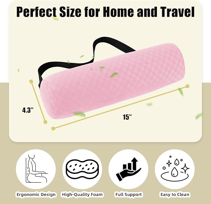 Coeyese Lumbar Roll Pillow for Lower Back Support, Light Pink, 15 * 4.3'' | Removable Pillowcase, Upgraded Adjustable Strap, Suitable for Office, Chair, Car, Seat Pain Relief & Improving Posture