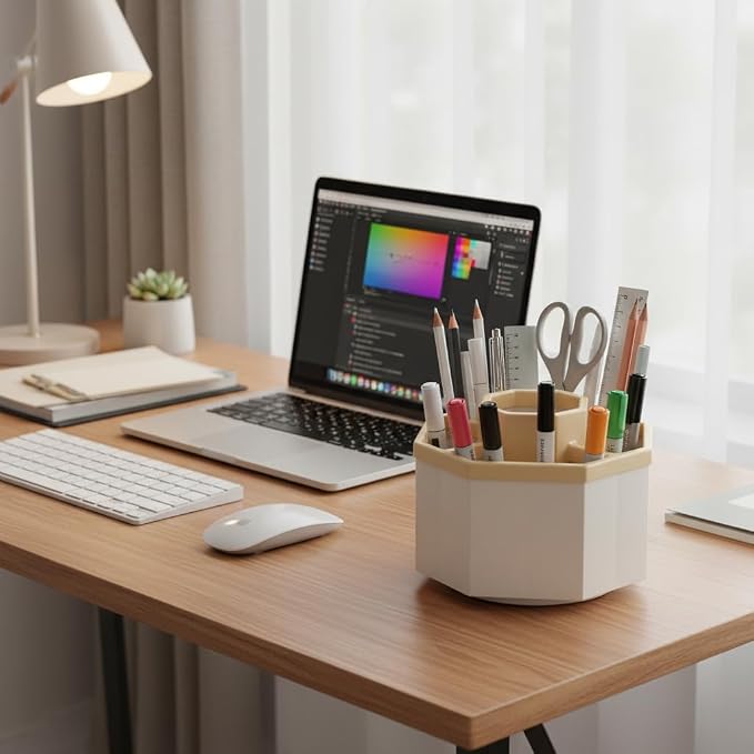 Jekelife 360 Degree Rotating Pen Holder,5-Compartment Desk Organizer,Beige | Five divided compartments and a smooth rotating base keep pens, pencils, markers, scissors and art supplies within reach.