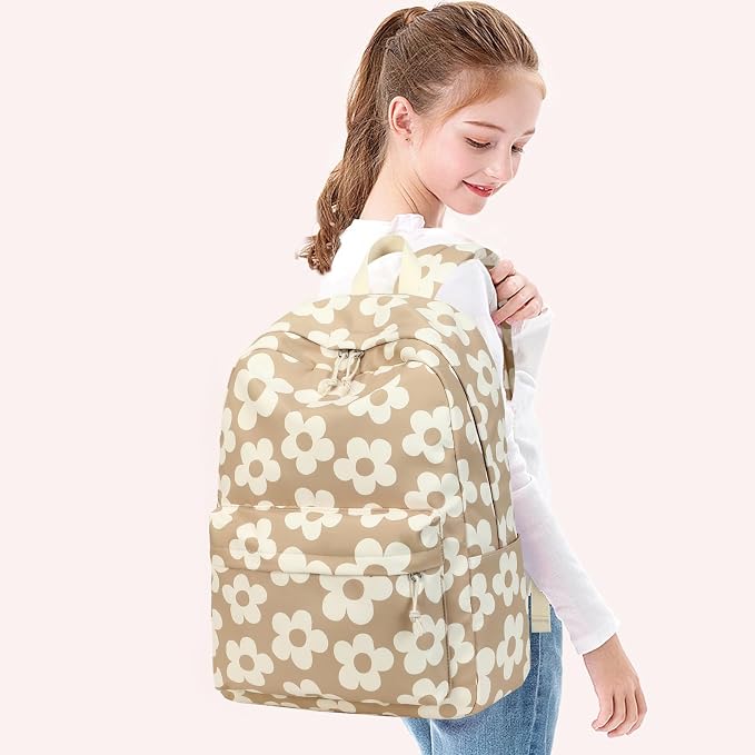 Bluboon Teens Backpack Set Girls School Backpack Lunch Box Pencil Bags Student Bookbags 3 in 1 (Beige Large Flower 157 Brown)