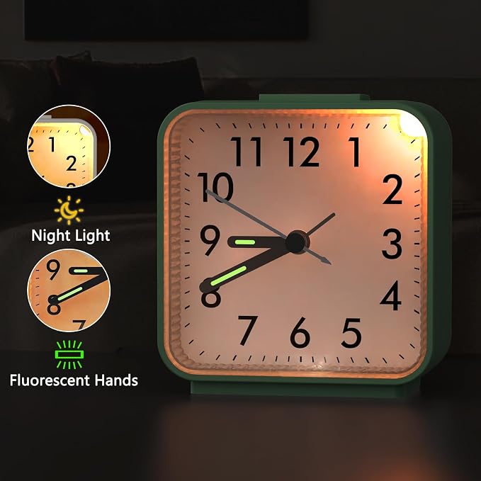 AMIR Small Analog Travel Alarm Clock, Silent Non Ticking Clock | Battery Powered Loud Alarm Clock with Snooze & Night Light for Bedroom Students & Heavy Sleepers