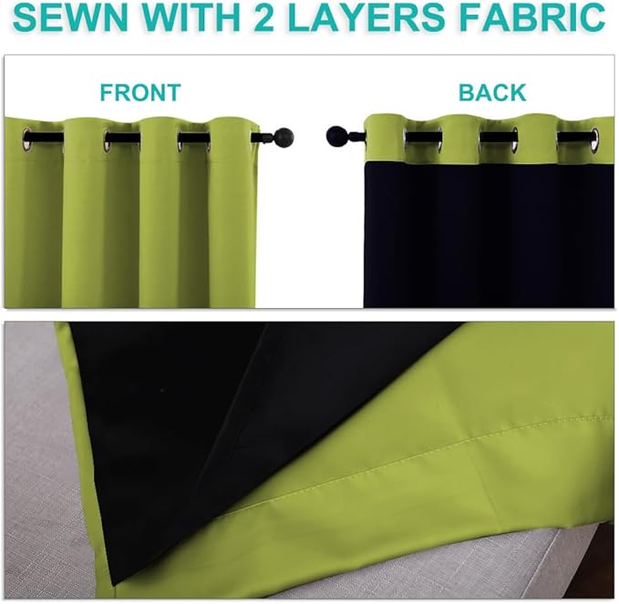 NICETOWN 100% Blackout Window Curtain Panels, Fresh Green, 2 Pieces, 42-inch Wide Per Panel, Full Light Blocking Drapes with Black Liner for Nursery, 72-inch Drop Thermal Insulated Draperies
