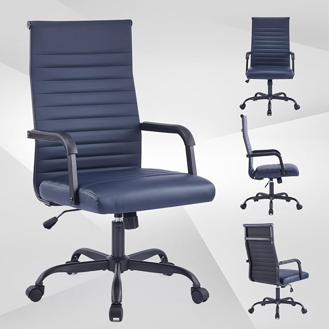 Office Chair, Ergonomic Executive Conference Room Chairs, Ribbed Leather Desk Chair with Lumbar Support, Adjustable Height Mid-Back Swivel Chair with Padded Seat