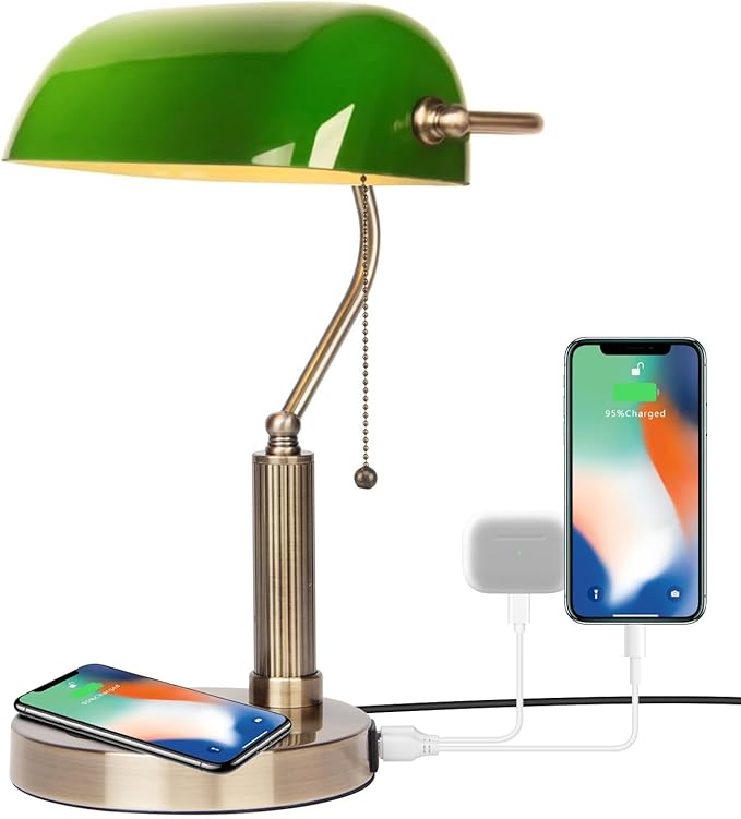 FIRVRE Glass Bankers Desk Lamp USB Wireless Charging Port LED Desk Lamp Classic Retro Pull Chain Switch Table lamp Reading Modern for Home Office nightstand Bedside Study Desk Library (Green)
